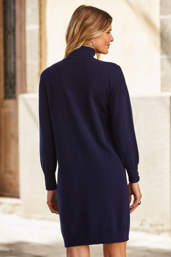 Navy Blue Roll Neck Button Cuff Knitted Dress