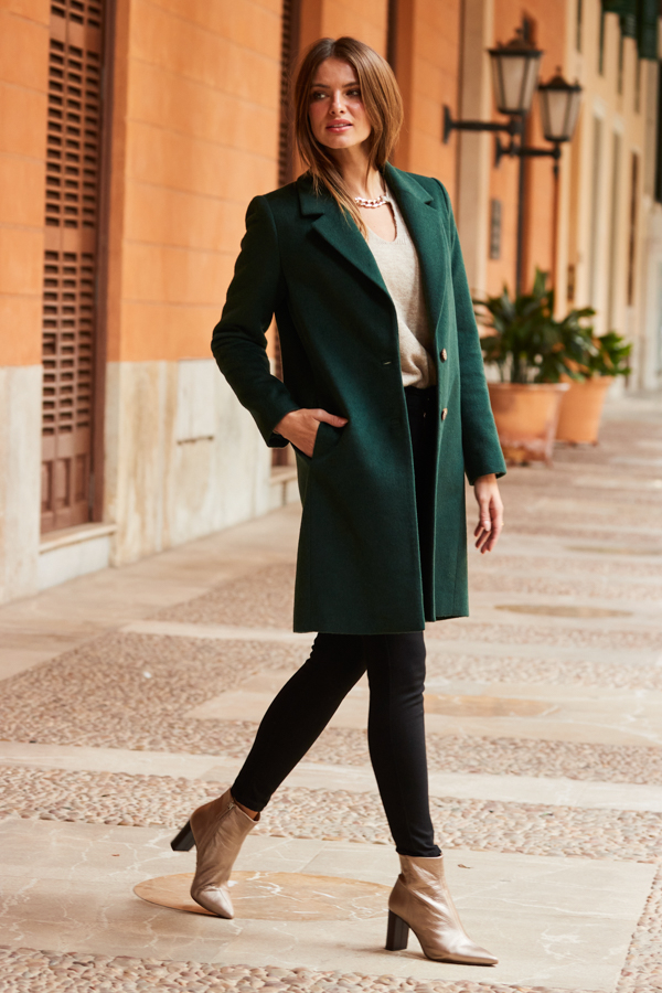 Dark Green Wool Mix Coat With Button Detail