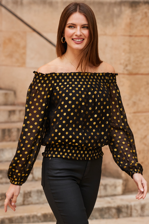 Black & Gold Metallic Spot Bardot Top