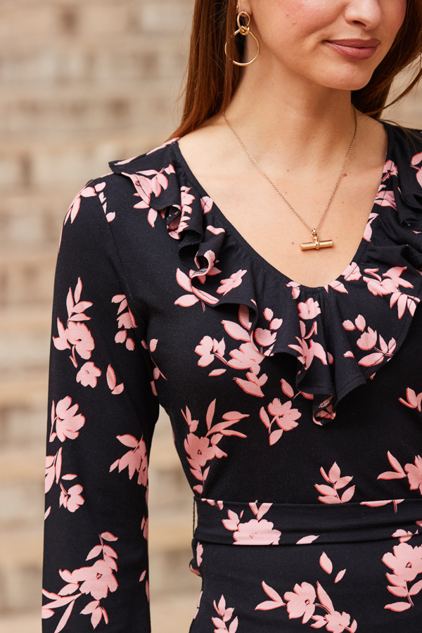 Black & Pink Floral Print Ruffle Detail Tunic Jersey Top