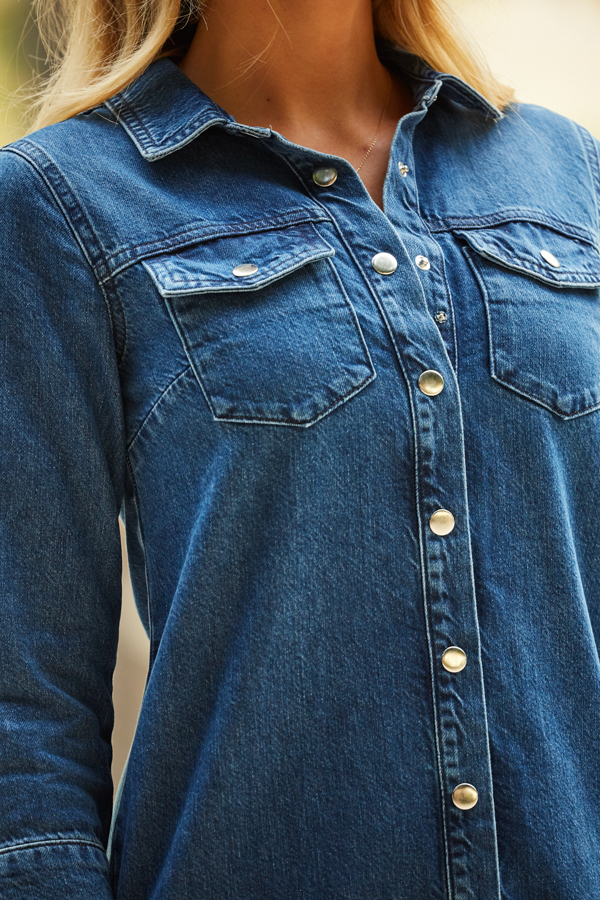 Indigo Blue Popper Front Denim Shift Dress