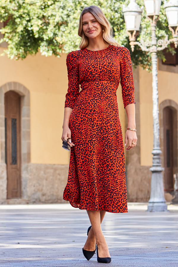 Orange & Black Animal Print Ruched Shoulder Midi Dress