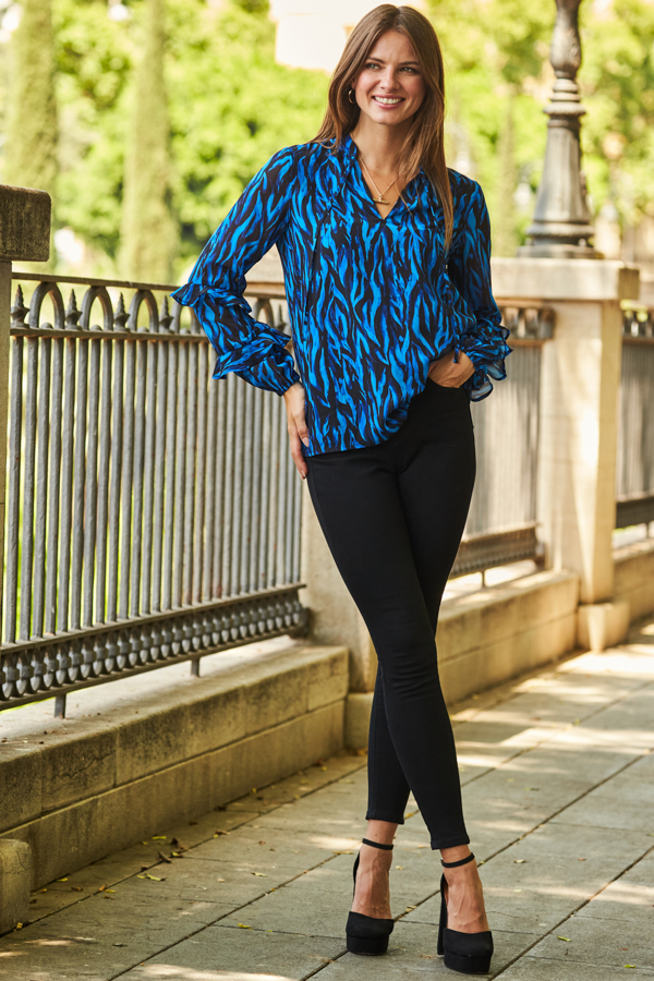 Blue & Black Animal Print Ruffle Sleeve Top