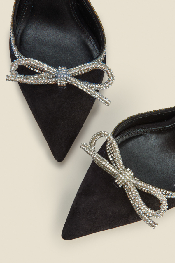 Black Suede Diamante Bow Trim Ankle Strap Court Shoe