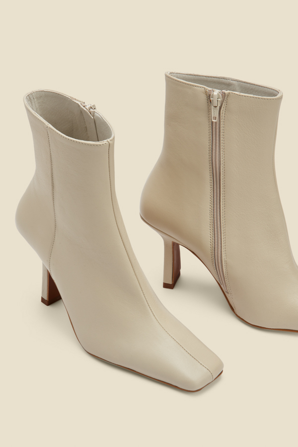 Ecru Leather Square Toe Ankle Boot