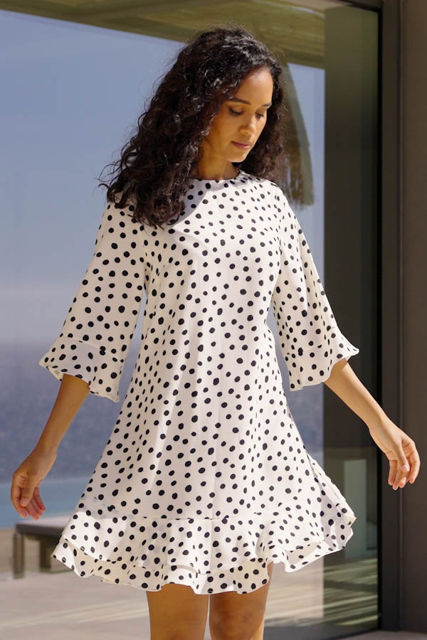 White & Black Spot Print Flutter Hem Shift Dress