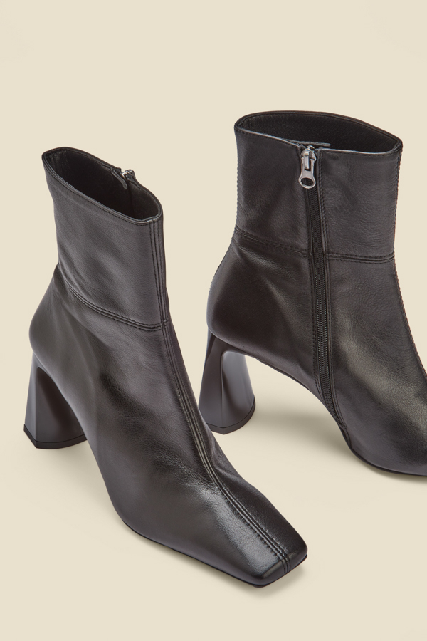 Nova Black Leather Square Toe Interest Heel Ankle Boot