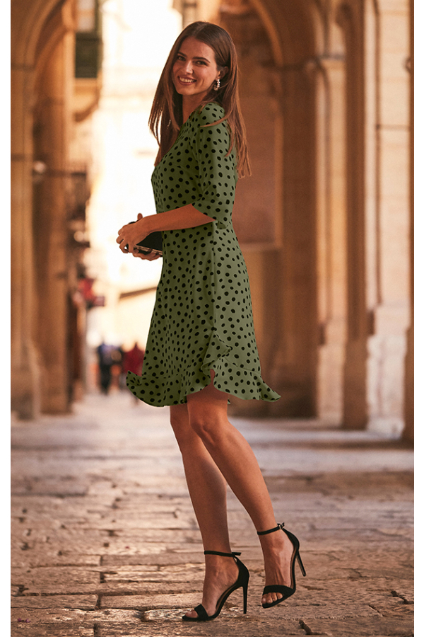 Khaki Green & Black Spot Print Ruffle Hem Shift Dress