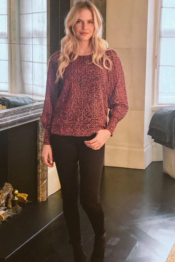 Black & Red Swirl Print Button Cuff Top