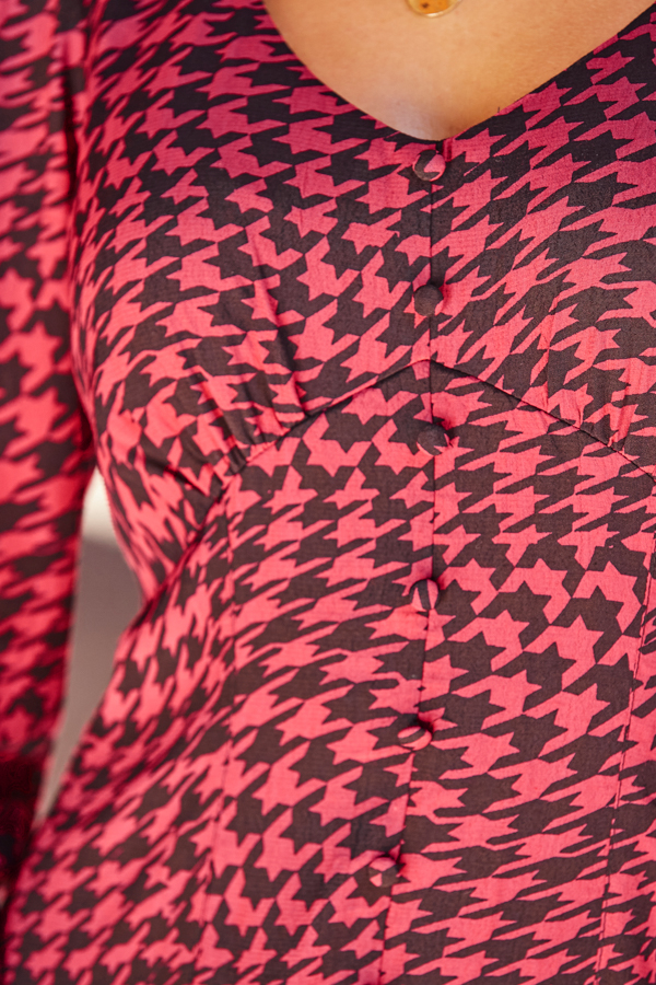 Pink & Black Houndstooth Print Button Detail Midi Dress
