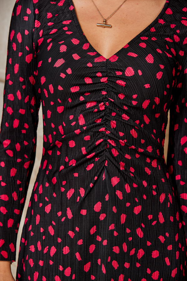 Black & Pink Fleck Print Plisse Twist Front Jersey Dress