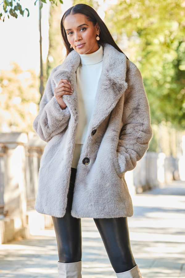 Taupe Premium Faux Fur Coat With Button Detail