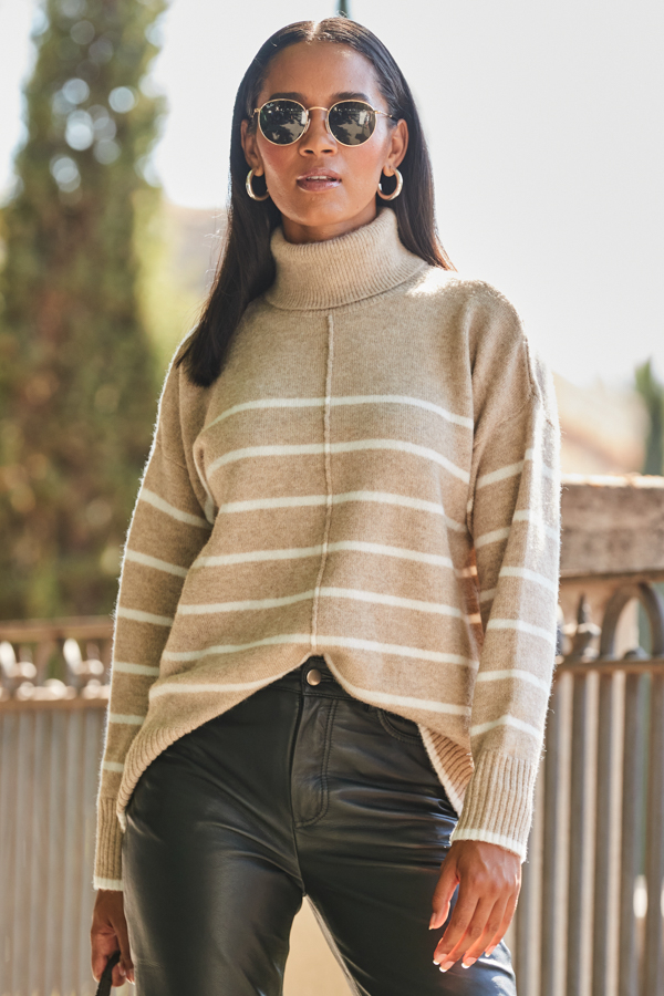 Taupe & White Stripe Roll Neck Jumper