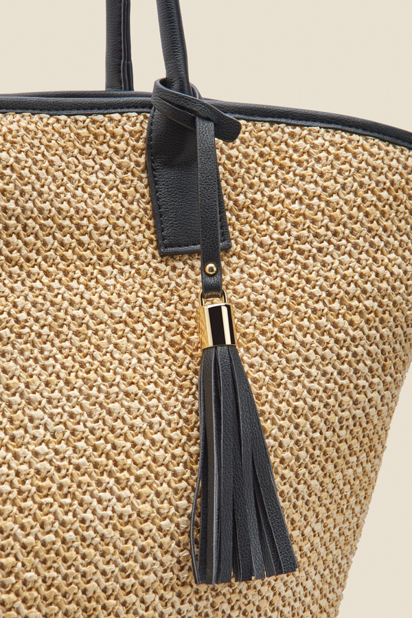 Natural Raffia Tassel Detail Tote Bag