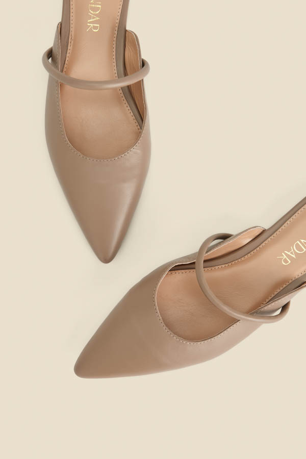 Taupe Leather Pointed Toe Strap Detail Flat Mules