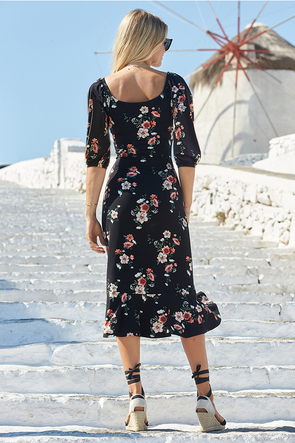 Black Floral Print Sweetheart Neckline Midi Jersey Dress