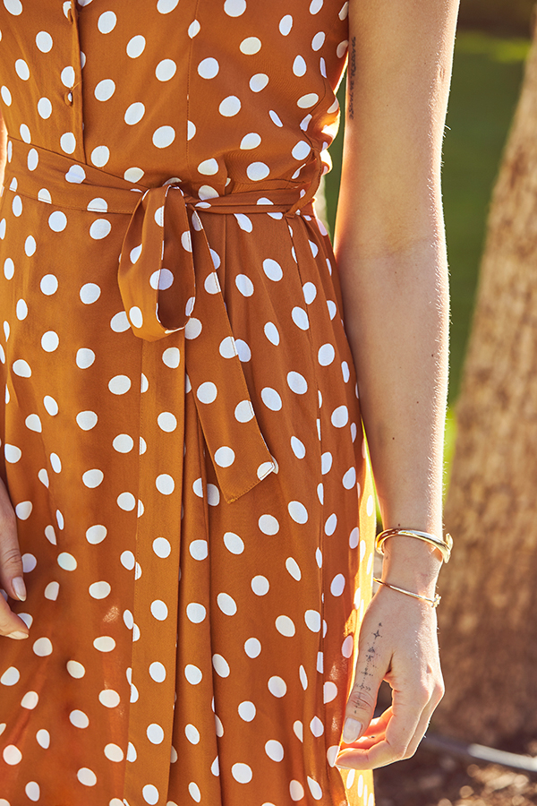 Tan & White Spot Print Button Front Fit & Flare Dress