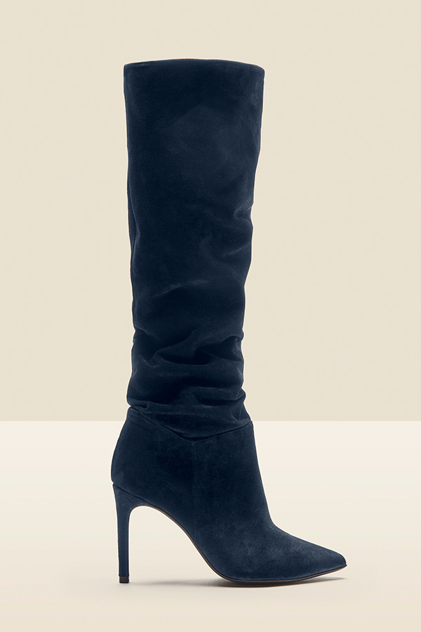 Navy Blue Belle Suede Heeled Slouch High Leg Boot