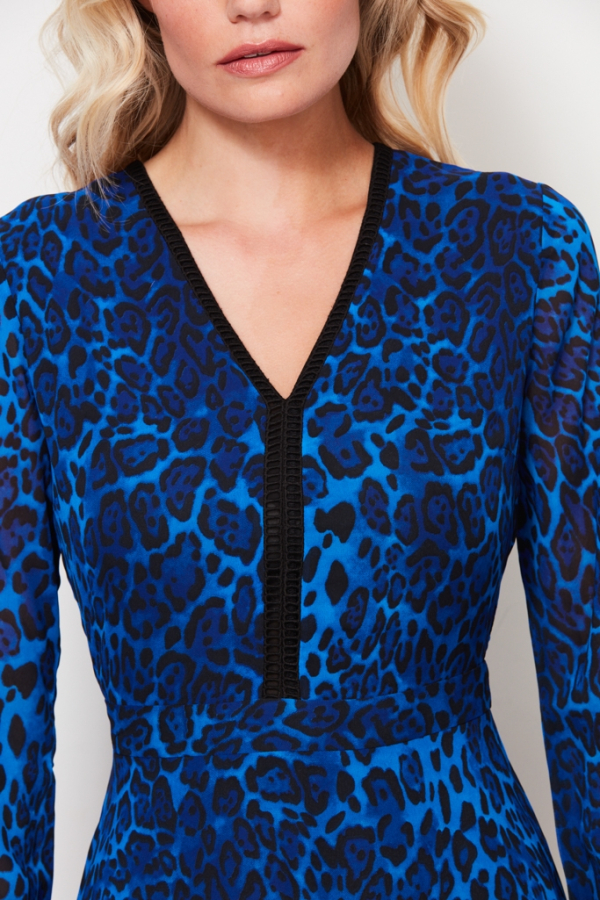 Sapphire Blue Leopard Print V Neck Dress