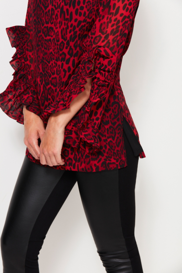 Red Leopard Print Ruffle Cuff Top