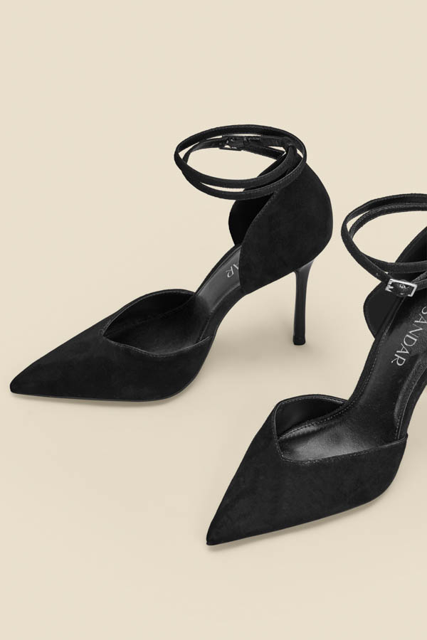 Black Suede Ankle Strap Pointed Toe Court Shoes