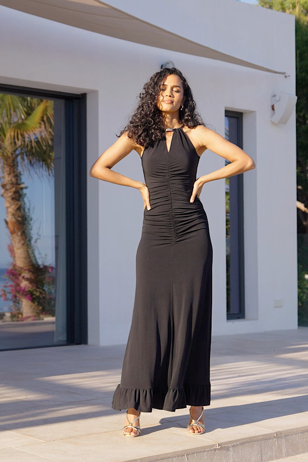 Black Ruched Front Halter Neck Jersey Maxi Dress