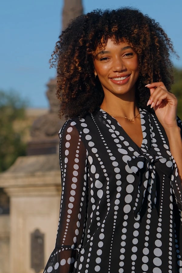 Black Geometric Spot Print Shift Dress