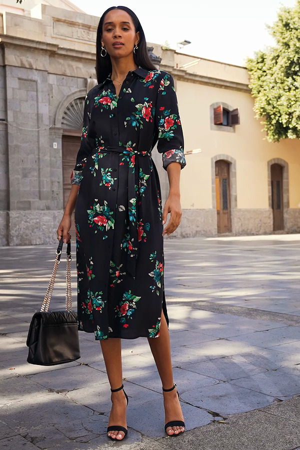 Black Floral Print Belted Midi Shirt Dress