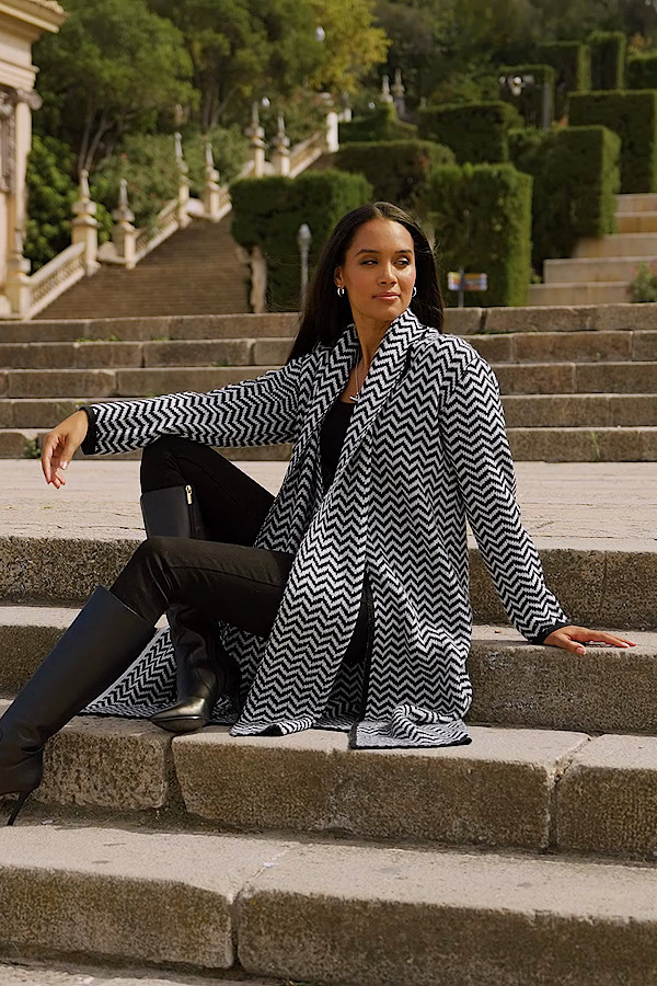 Black & White Herringbone Knit Longline Cardigan With Scarf