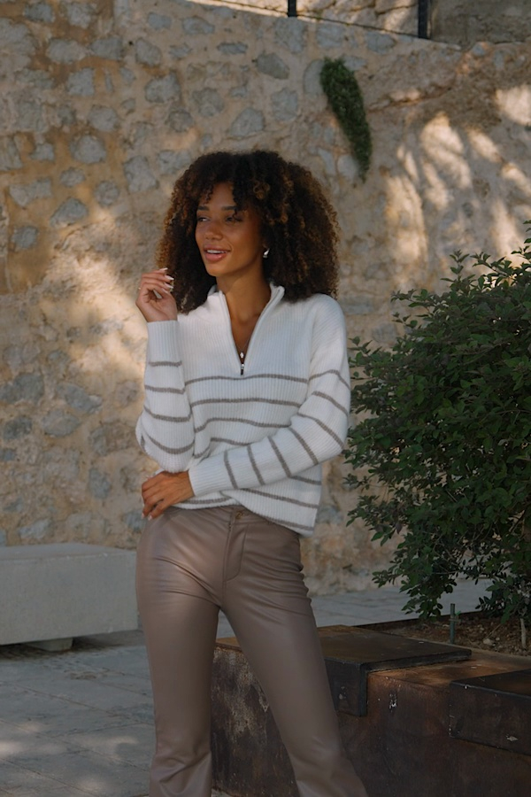 Ivory & Taupe Stripe Quarter Zip Jumper