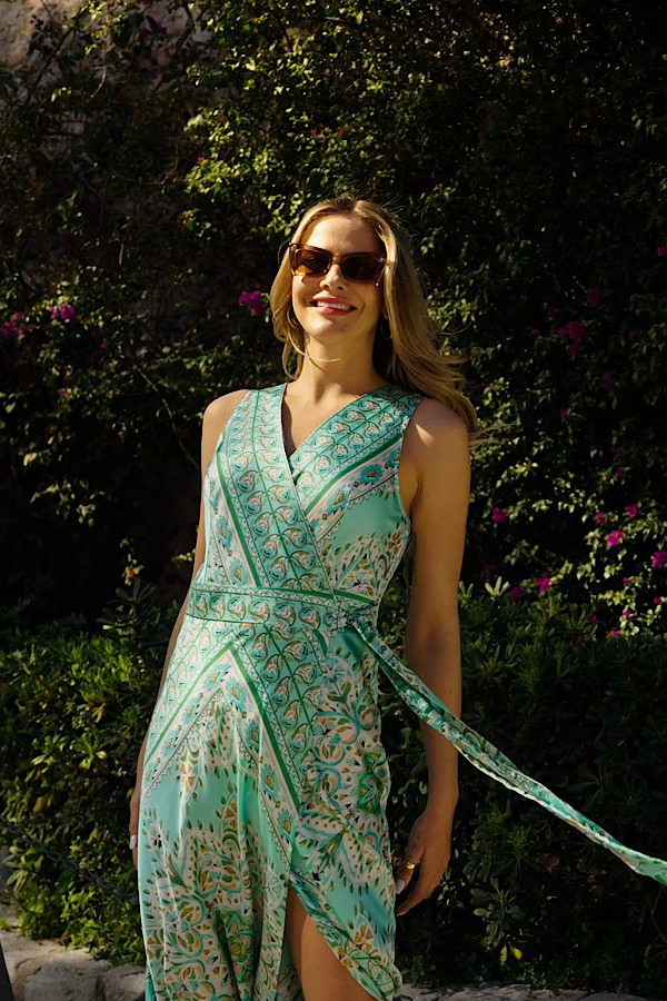 Green Scarf Print Satin Wrap Front Midi Dress Green Scarf Print Satin Wrap Front Midi Dress