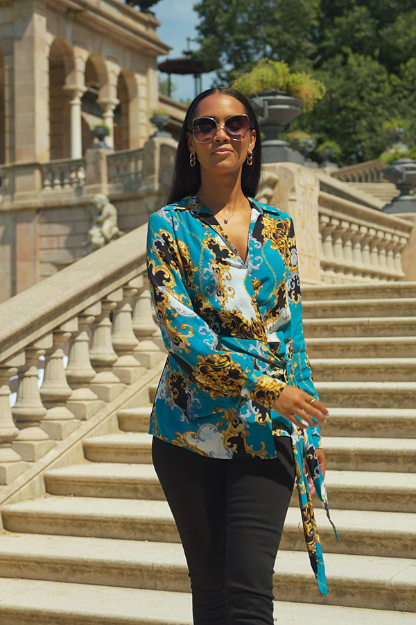 Teal Multi Print Wrap Front Top