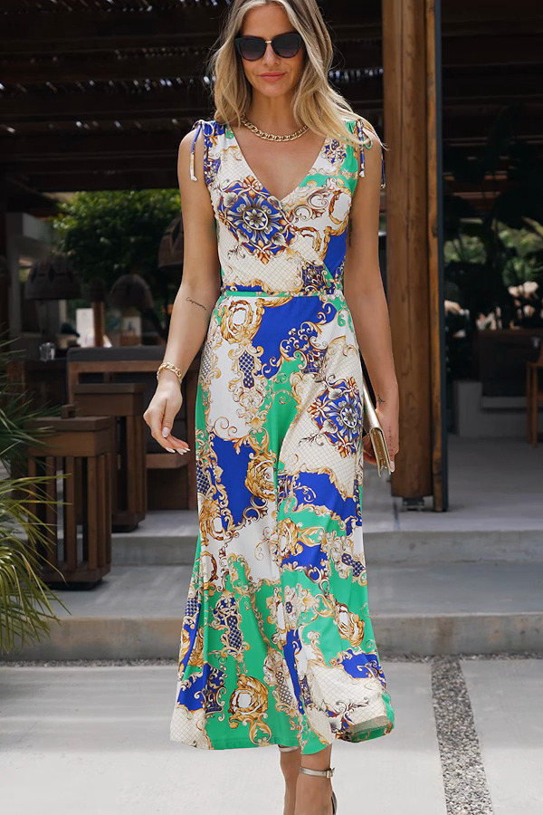 Green Multi Print Tie Shoulder Maxi Jersey Dress