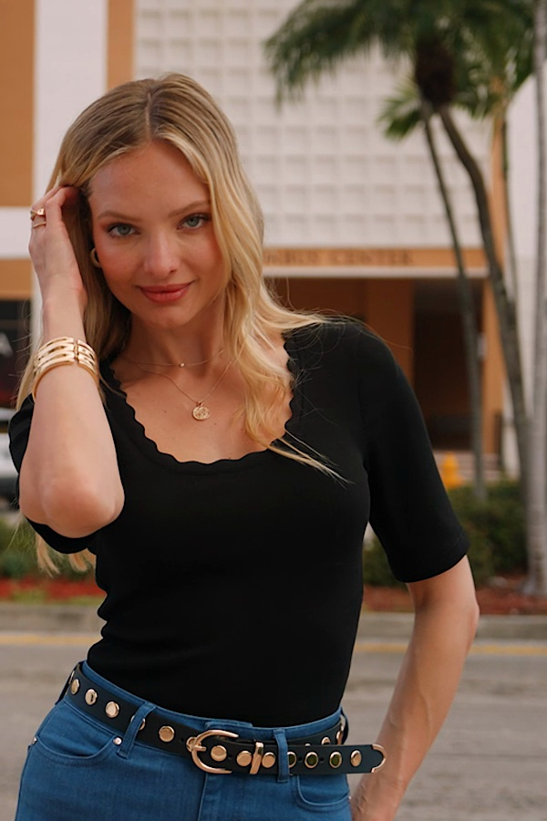 Black Scallop Trim Ribbed Top
