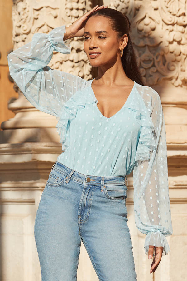 Blue Spot Print Ruffle Detail Mesh Blouse