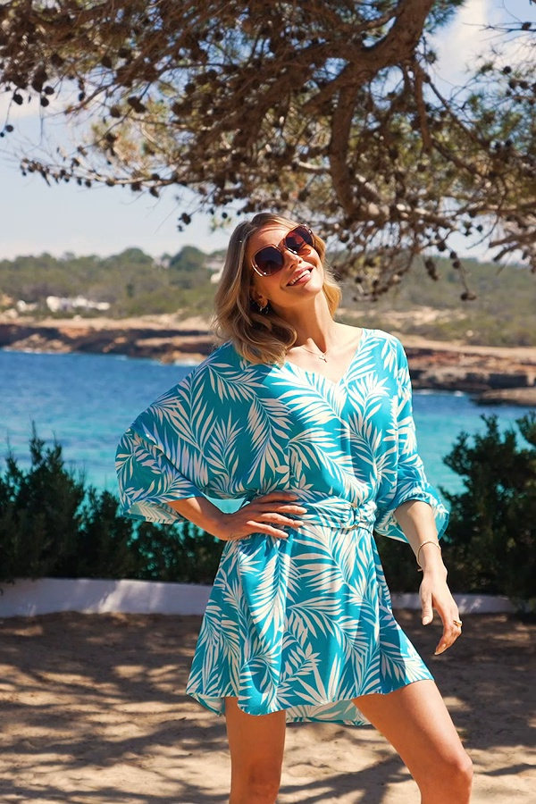 Sky Blue & White Palm Print Tie Waist Beach Dress