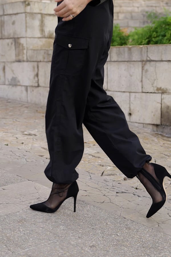 Black Parachute Pants With Drawcord Detail