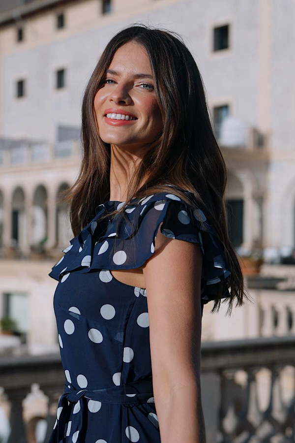 Navy Blue Spot Print Frill Hem Maxi Dress