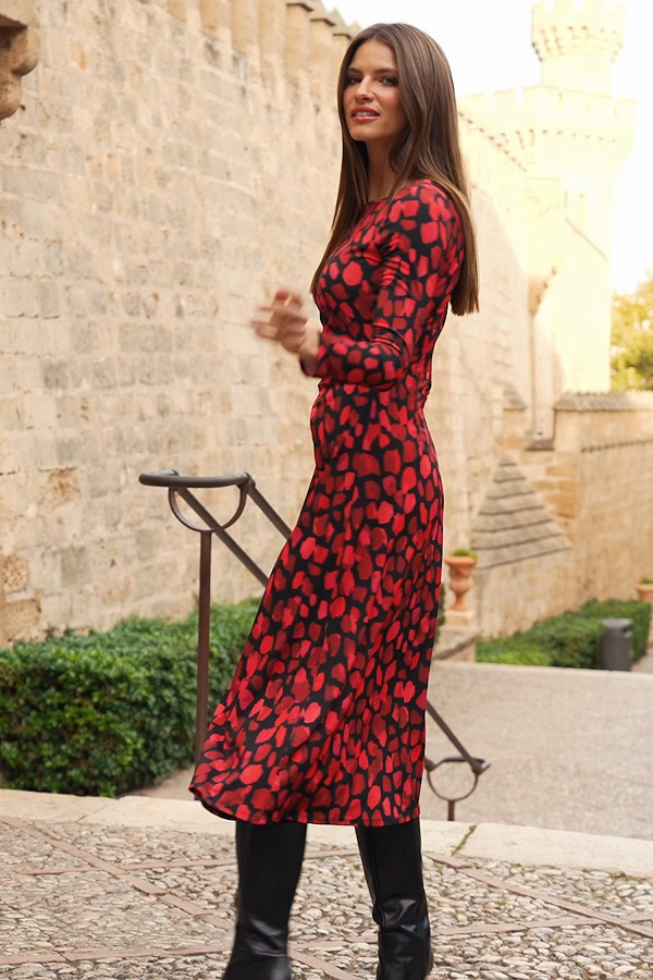 Red & Black Morocco Print Ruched Front Midi Jersey Dress