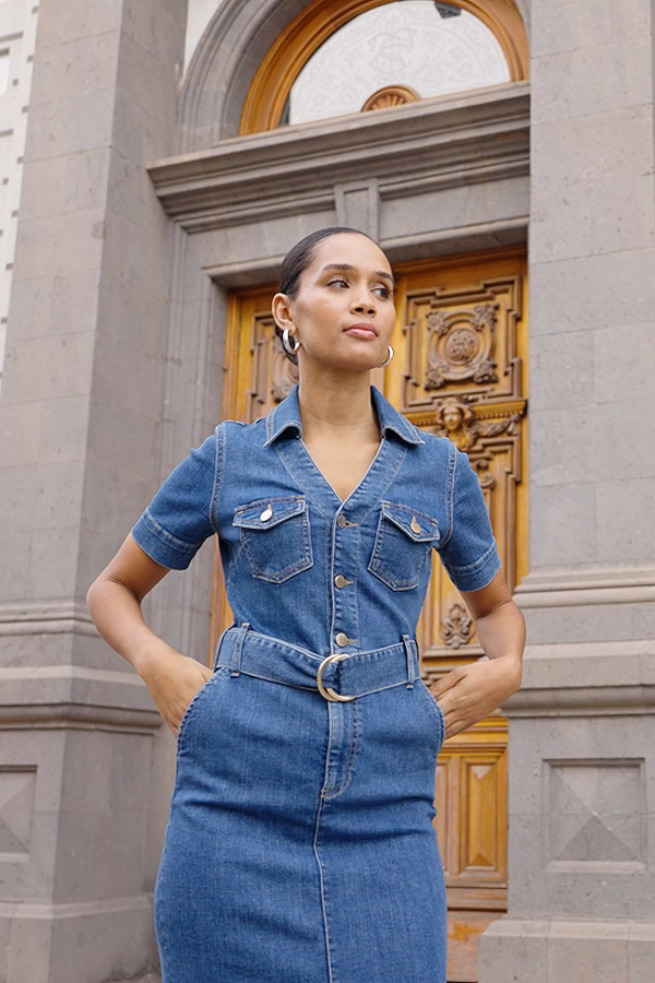 chinese dress ladies AprPith Women Denim Shirt Dress V Neck Short Sleeve Long Bottom Down A-Line  Jeans Dresses with Pockets Deep Blue : Buy Online at Best Price in KSA