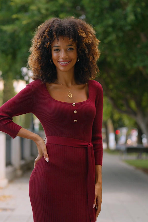 burgundy knit dress midi self-portrait - Burgundy Pointelle Knit Midi Dress main image 0