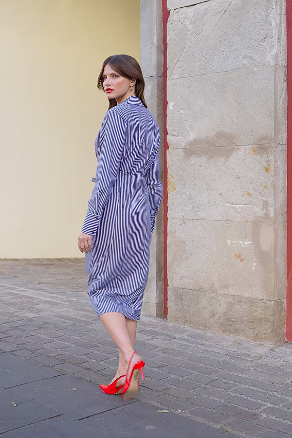 princess polly baby blue dress ME+EM Cotton Stripe Midi Shirt Dress + Belt in Blue main image 1