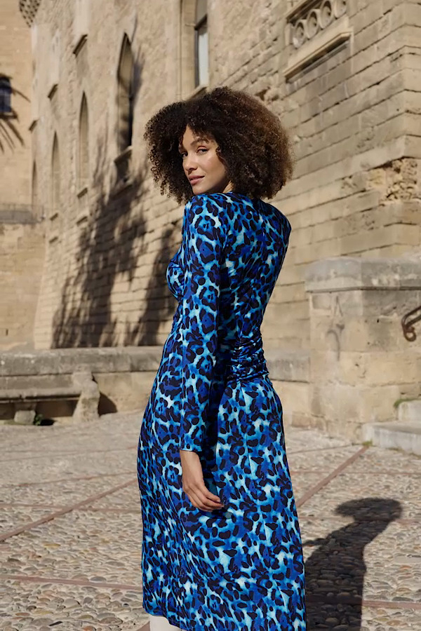 Blue & Black Animal Print Ruched Detail Jersey Midi Dress