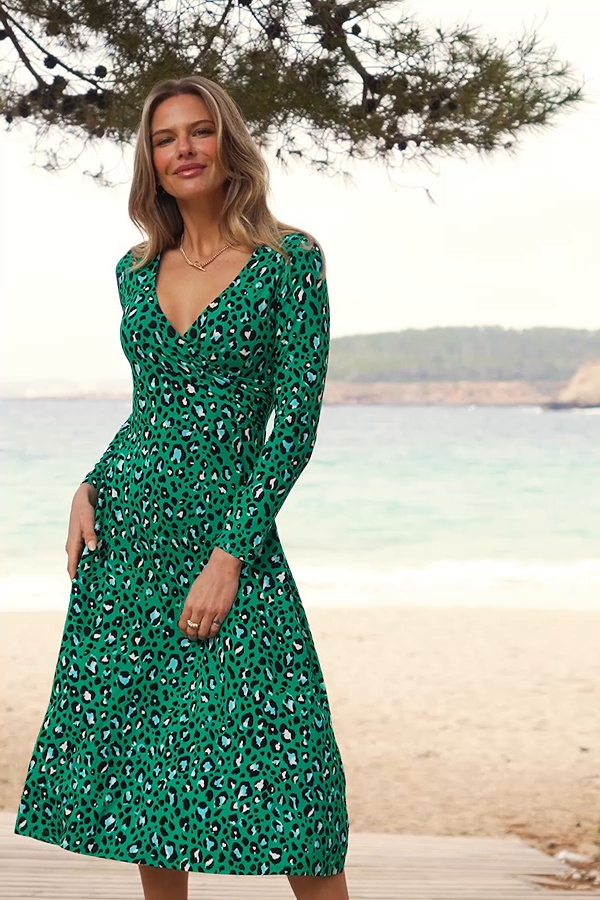 Green Leopard Print Wrap Front Midi Jersey Dress