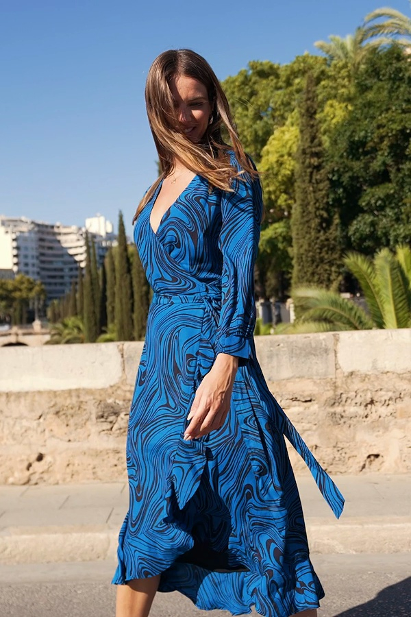 Blue & Black Swirl Print Ruffle Hem Midi Wrap Dress