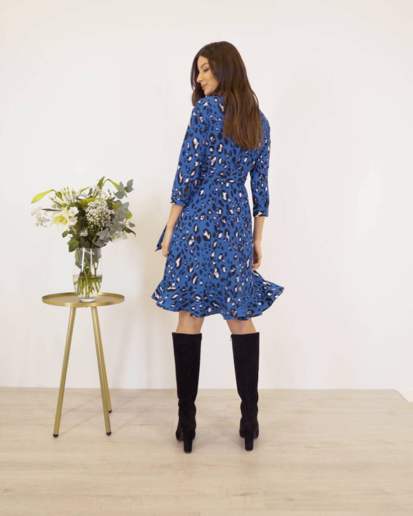 Blue Leopard Print Ruffle Hem Wrap Dress Blue Leopard Print Ruffle Hem Wrap Dress