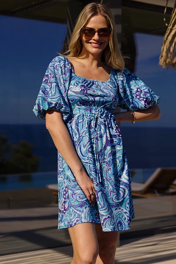 Blue Paisley Print Puff Sleeve Jersey Dress