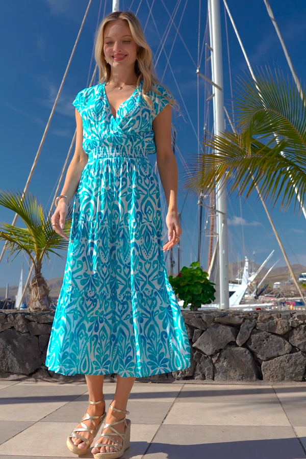 Blue Abstract Print Shirred Waist Midi Dress Blue Abstract Print Shirred Waist Midi Dress