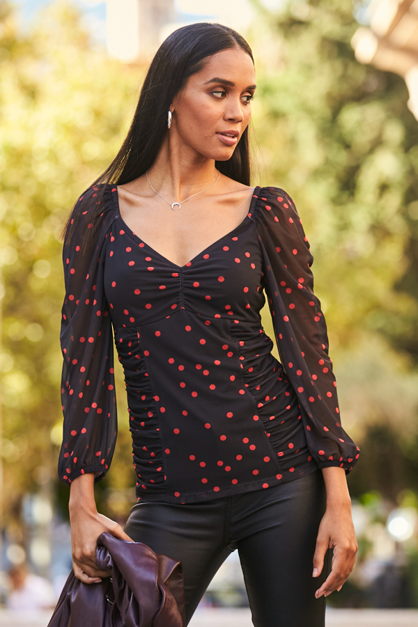 Black & Red Spot Print Sweetheart Neckline Mesh Jersey Top