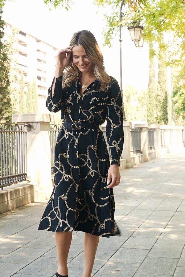 gold and black shirt dress Pleated Janice Midi Shirt Dress Black Gold Floral main image 1